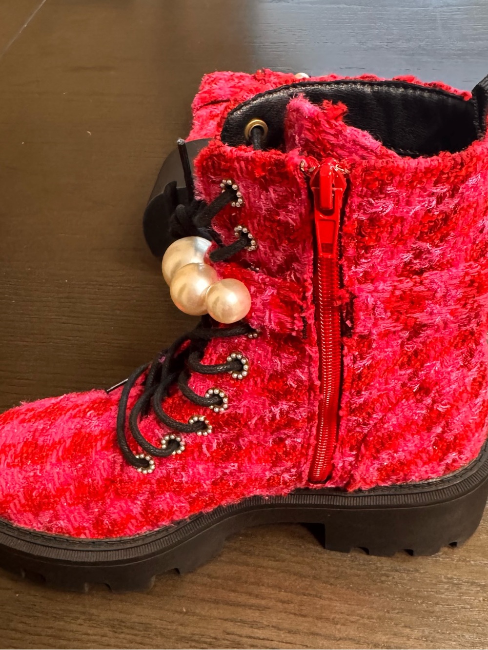 Betsey Johnson Jonnie Fuchsia Tweed Pearl Combat Boots Size 7.5 - Picture 10 of 12